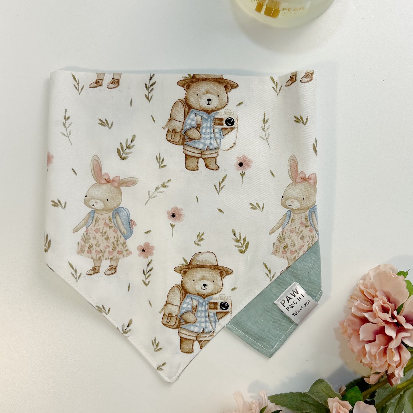 Whimsical Woodland: The Green Bandana with Bear & Rabbit Print