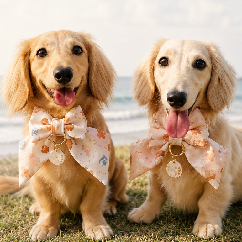 Two long-haired dogs sitting on grass by the beach, each wearing a large cream bow tie with a floral print and a round dog tag.